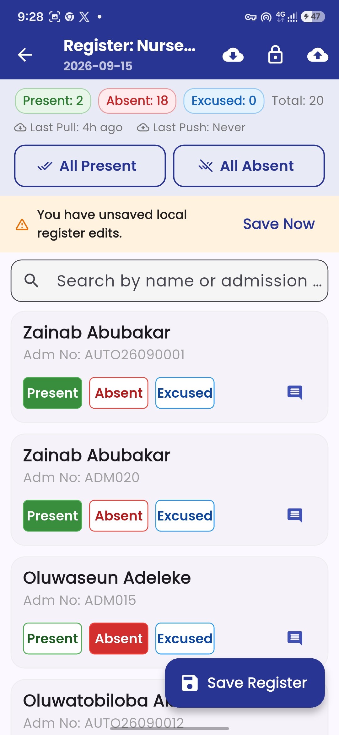 MSMS mobile student attendance page