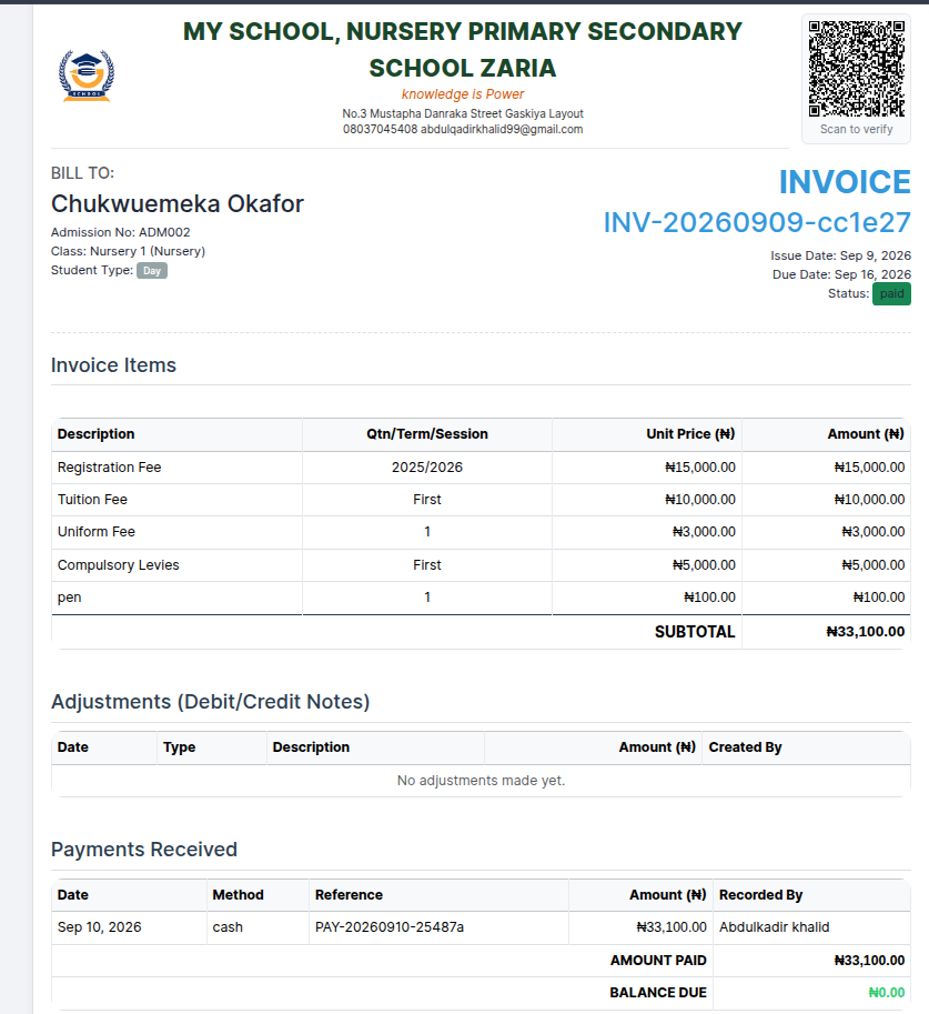 MSMS itemised student fee invoice
